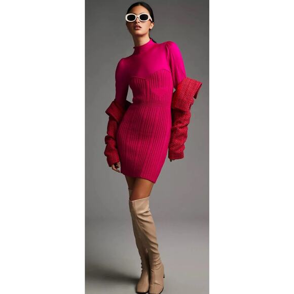 Anthropologie Ribbed Sweater Bodycon Sweater Dress Pink, Mini/Mock Turtleneck S - Picture 2 of 9
